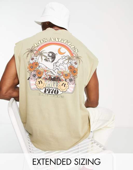 ASOS DESIGN oversized singlet in washed beige with Los Angeles Summer back print
