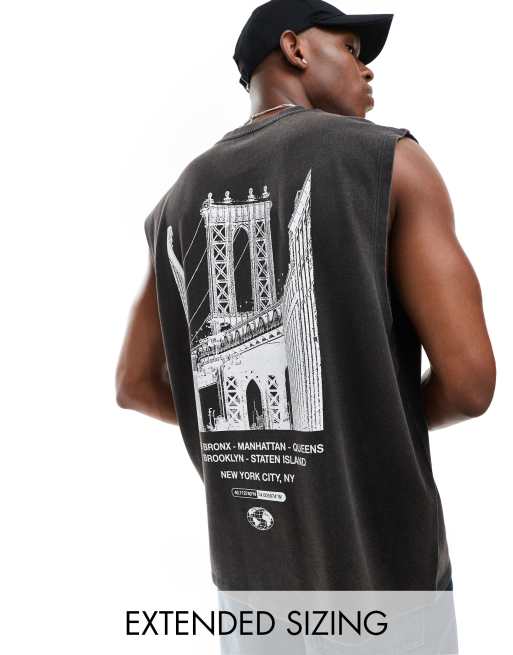 FhyzicsShops DESIGN oversized singlet in washed black with city back print