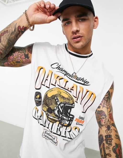 ASOS DESIGN oversized singlet in white with baseball front print