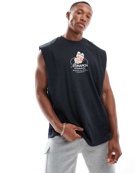 ASOS DESIGN oversized singlet with butterfly chest print in black - view 1