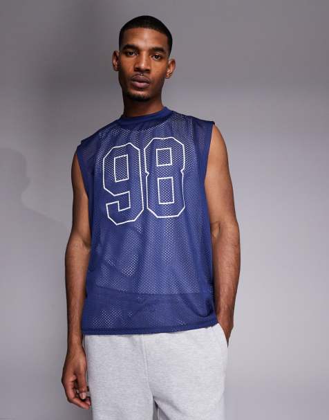 ASOS DESIGN oversized singlet with sports graphic in navy airtex - view 1