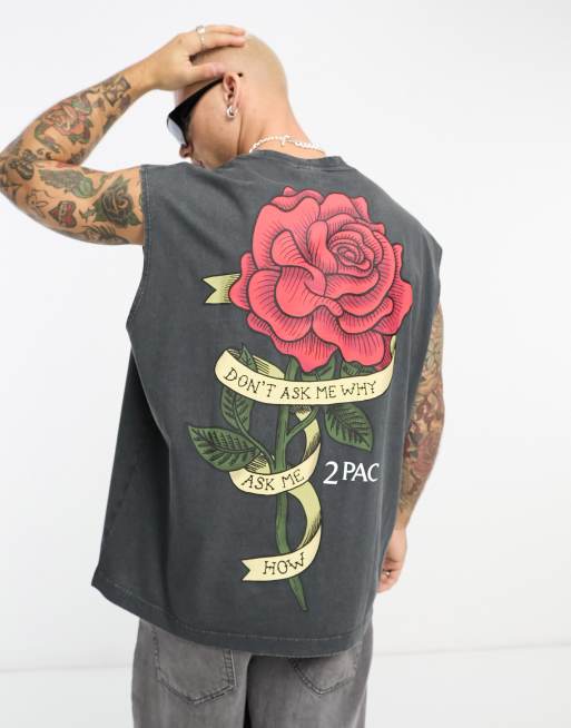 ASOS DESIGN oversized singlet with Tupac rose print in washed black