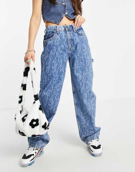 ASOS DESIGN - Oversized 'skater'-jeans med blåt pigtrådsprint i bomuldsblanding - MBLUE, 3 af 4