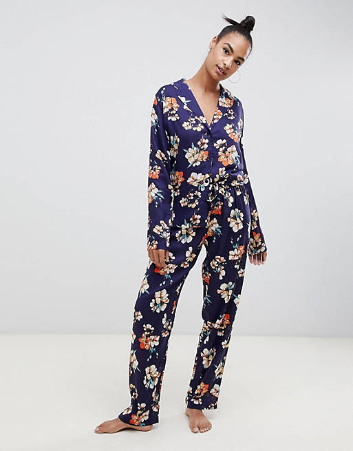 ASOS DESIGN oversized sketched floral print traditional 100% Modal trouser set