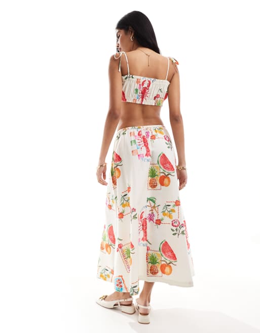 ASOS DESIGN oversized skirt with linen in postcard print (part of a set), 3 of 5