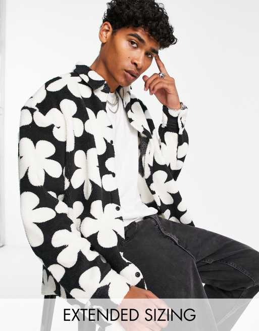 ASOS DESIGN - Oversized skjorte i imiteret lammeskind i 90'er stil med naivt blomsterprint