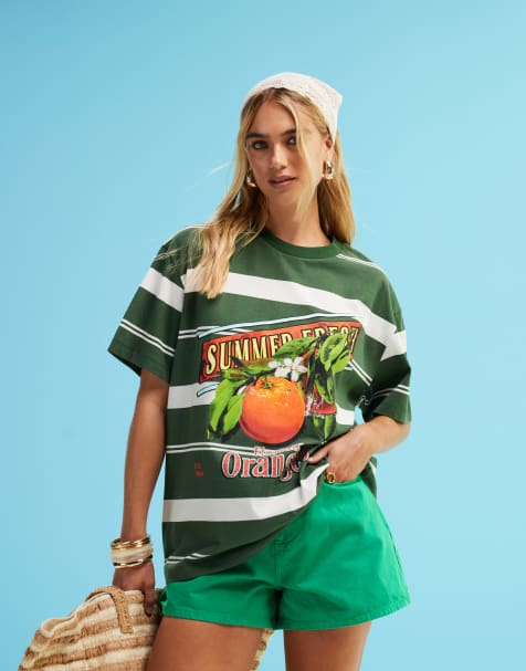 ASOS DESIGN - Oversized skjorte med appelsingrafik og grønne striber - view 1