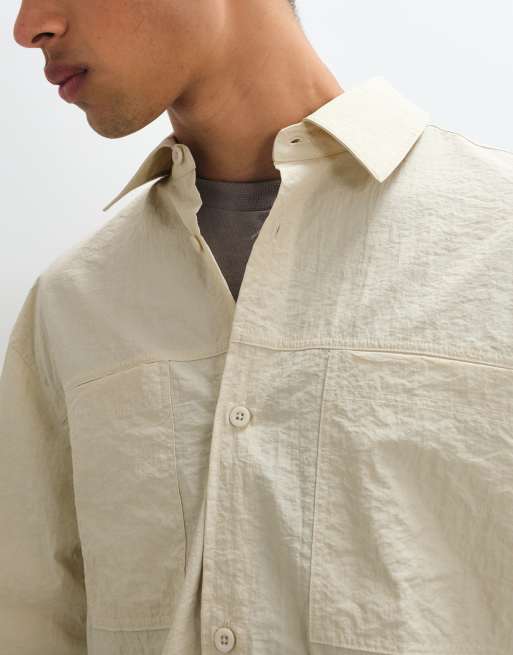 ASOS DESIGN oversized skjorte med dobbelte lommer i creme, 4 af 5