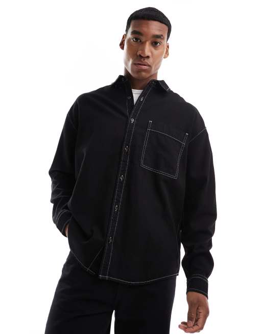 ASOS DESIGN - Oversized skjorte med firkantet krave og påsyede lommer i sort i 90'er-stil