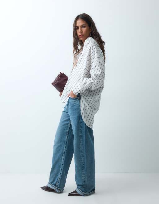 ASOS DESIGN oversized skjorte med længere kant bagpå i beige stribe, 2 af 9