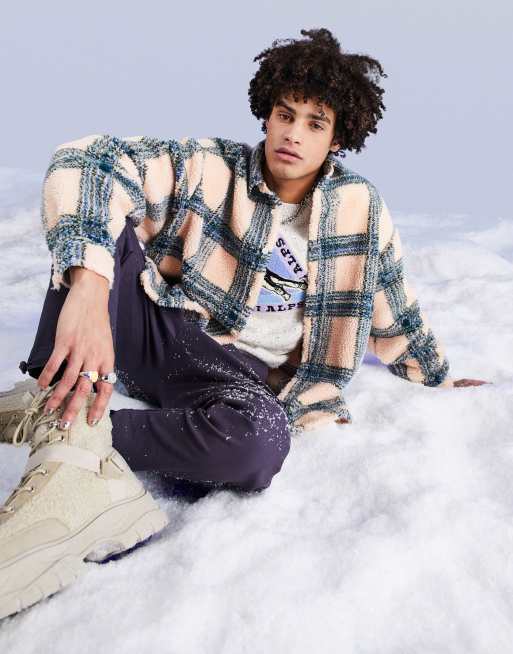 ASOS DESIGN - Oversized skjorte med pastellyserøde og blå tern i firkantet pasform i imiteret lammeskind