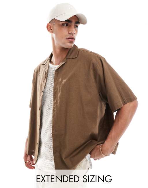 ASOS DESIGN - Oversized skjorte med reverskrave i brun hørblanding i firkantet pasform