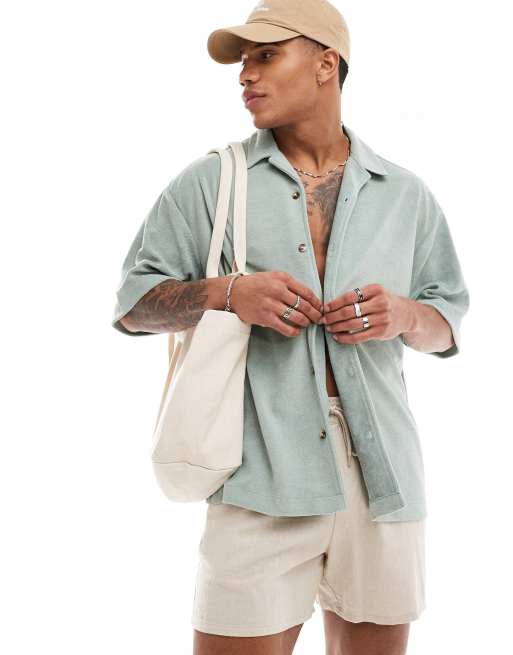 ASOS DESIGN - Oversized skjorte med reverskrave og korte ærmer i salviegrøn frotté