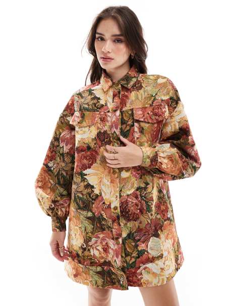 ASOS DESIGN - Oversized skjorte med sænkede lommer og tapet-blomstermønster - view 1