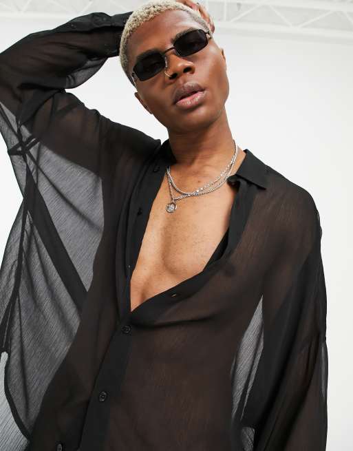 ASOS DESIGN - Oversized skjorte med sænkede skuldre i sort, gennemsigtig crepe
