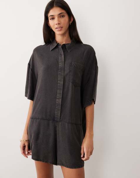 ASOS DESIGN - Oversized skjorte-playsuit i forvasket sort - view 1