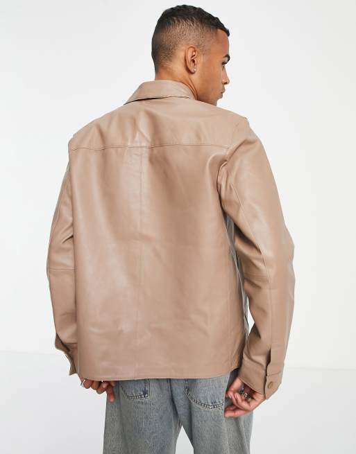 ASOS DESIGN - Oversized skjortejakke i beige ægte læder , 2 af 4