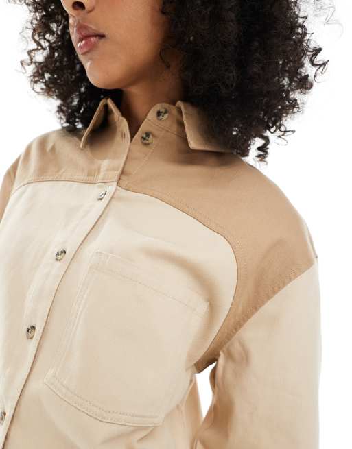 ASOS DESIGN - Oversized skjortejakke i forvasket brun med farveblok-design - Del af sæt, 3 af 4