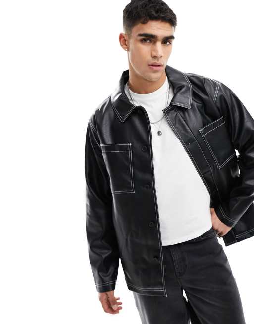 ASOS DESIGN - Oversized skjortejakke i sort imiteret læder med kontrastsyninger