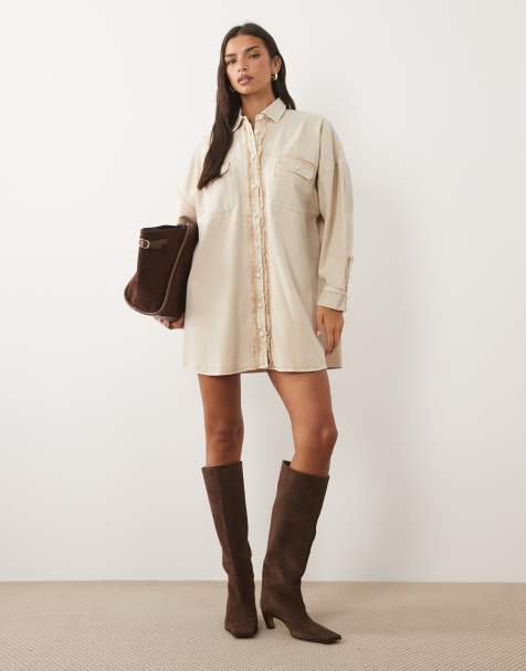 ASOS DESIGN oversized skjortklänning i twill med virkade knappar i tvättad sten - view 1