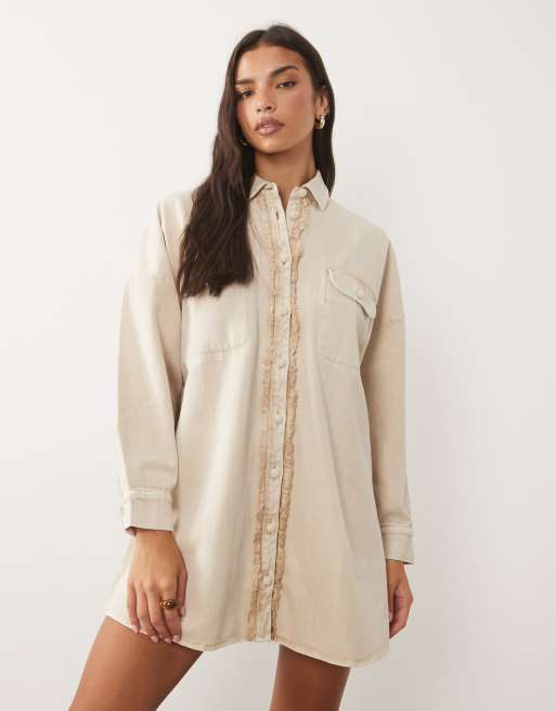 ASOS DESIGN oversized skjortklänning i twill med virkade knappar i tvättad sten, 4 av 4