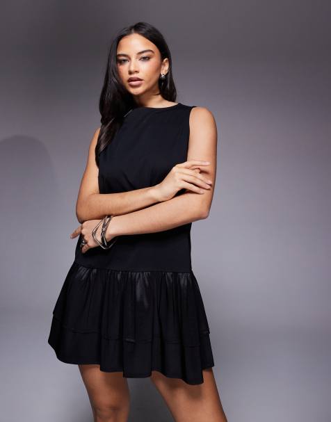ASOS DESIGN oversized slash neck mini dress with taffeta double layer dropped hem detail in black
