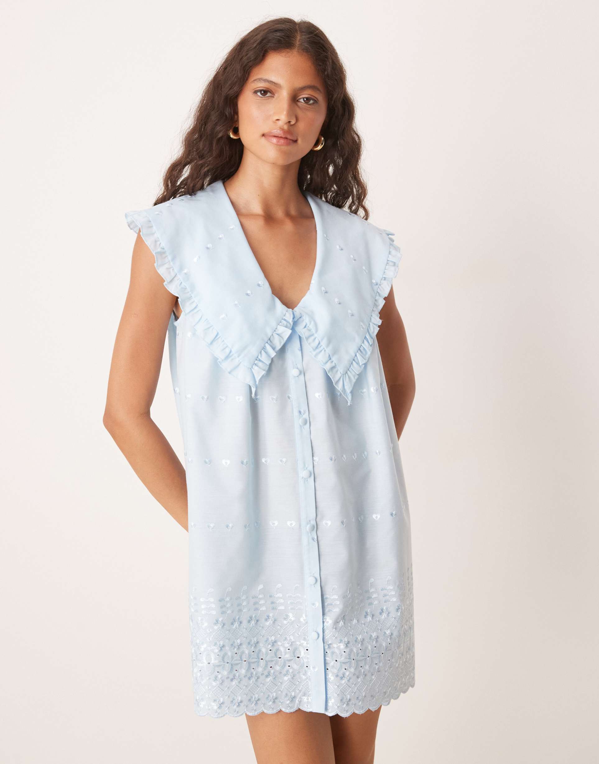 asos design oversized sleeveless collar shirt dress in blue broderie