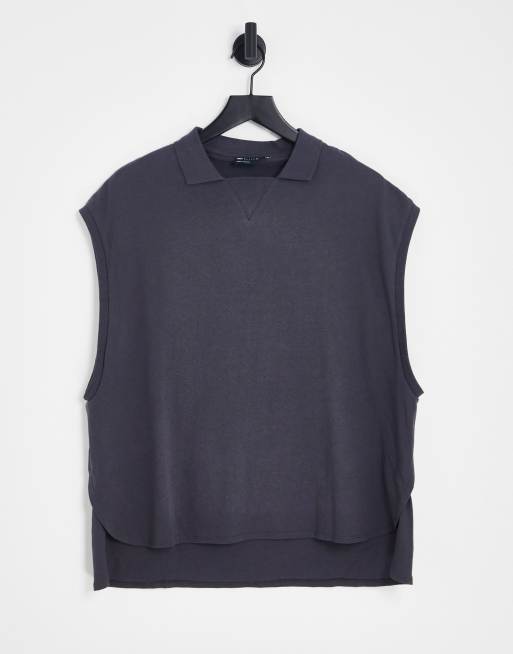 ASOS DESIGN oversized sleeveless polo with step hem in washed black