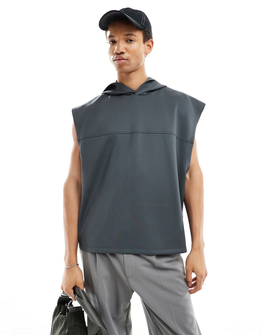 Asos Design Oversized Sleeveless Scuba Hoodie In Charcoal-gray