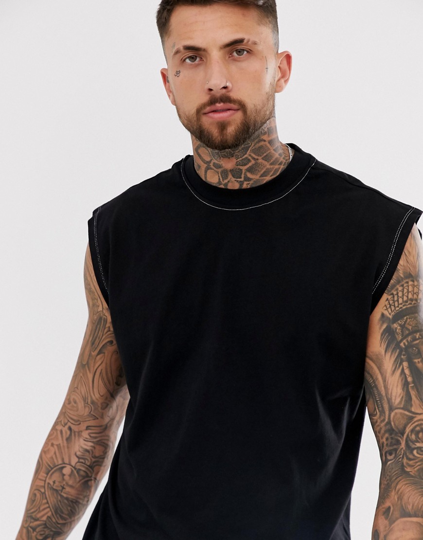 ASOS DESIGN oversized sleeveless t-shirt in black with contrast stitching