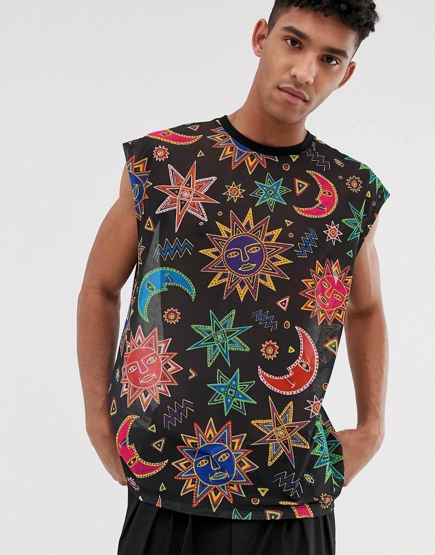 ASOS DESIGN oversized sleeveless t-shirt in mesh with all over print-Black