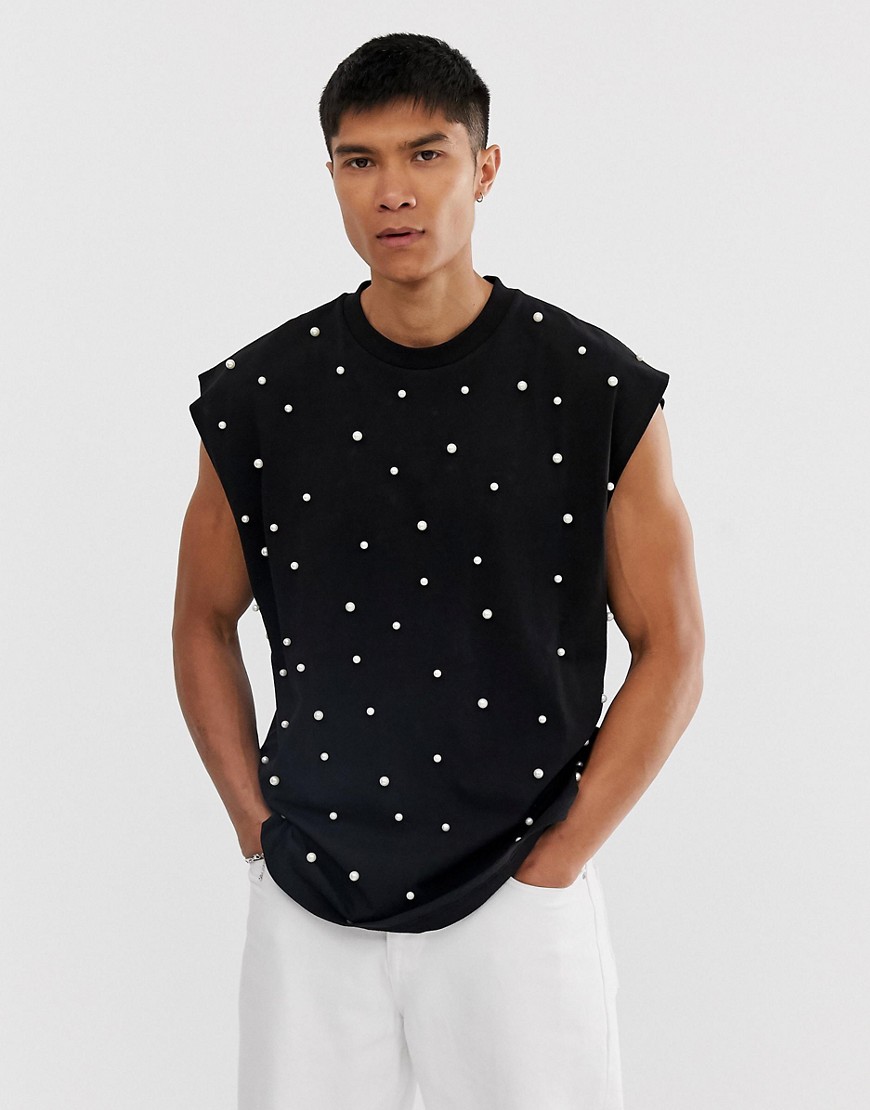 ASOS DESIGN oversized sleeveless t-shirt with all-over pearls in heavyweight jersey-Black