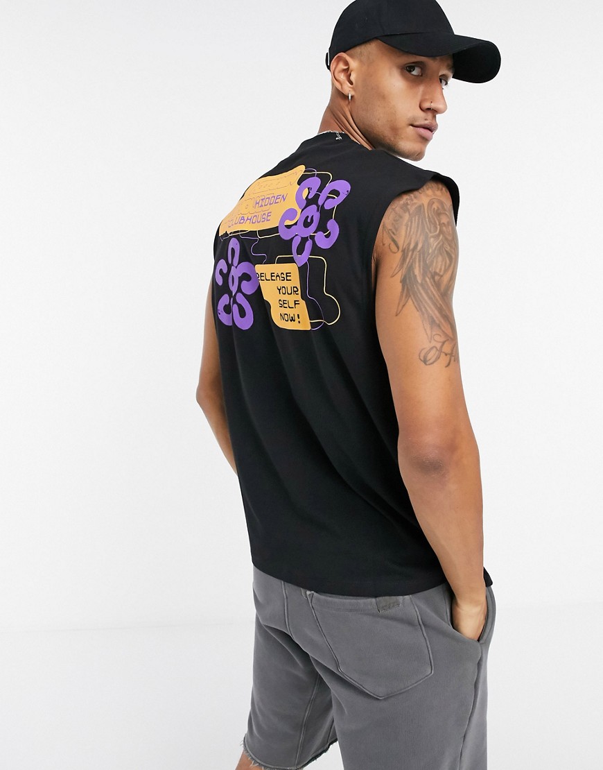 ASOS DESIGN oversized sleeveless t-shirt with back gloss abstract print in black