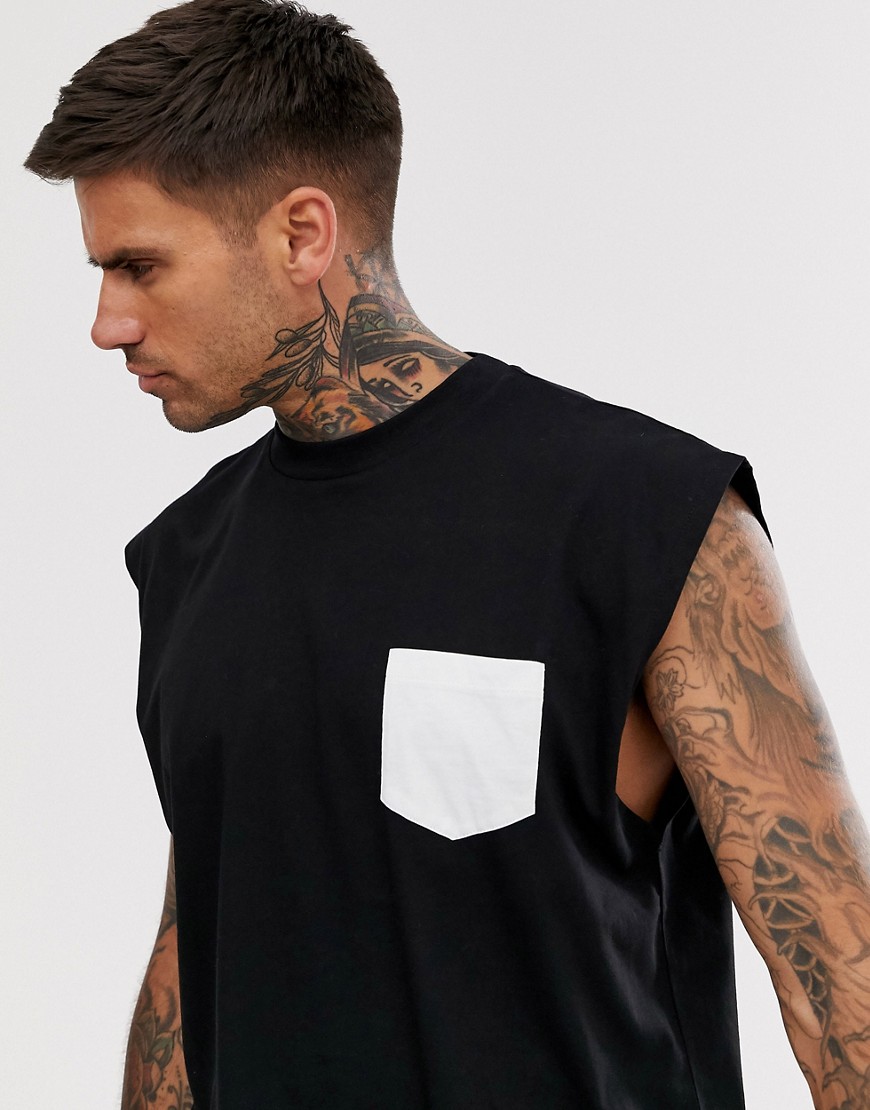 ASOS DESIGN oversized sleeveless t-shirt with contrast pocket in black