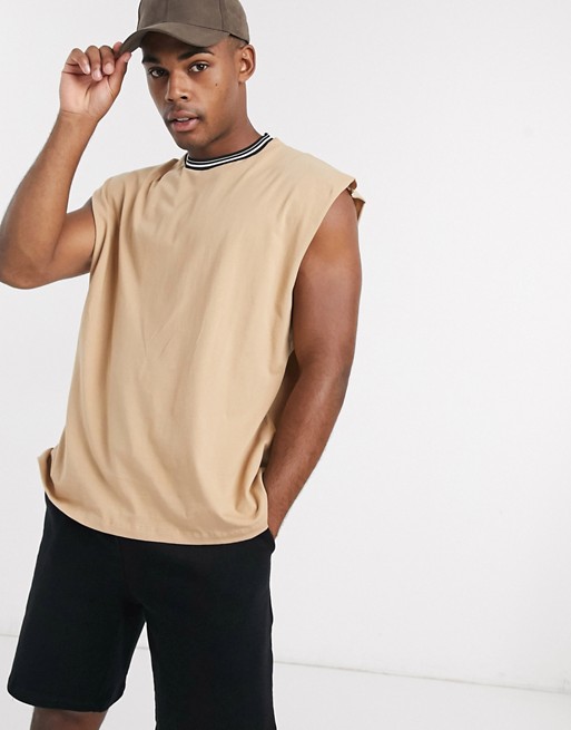ASOS DESIGN oversized sleeveless t-shirt with contrast tipping in beige