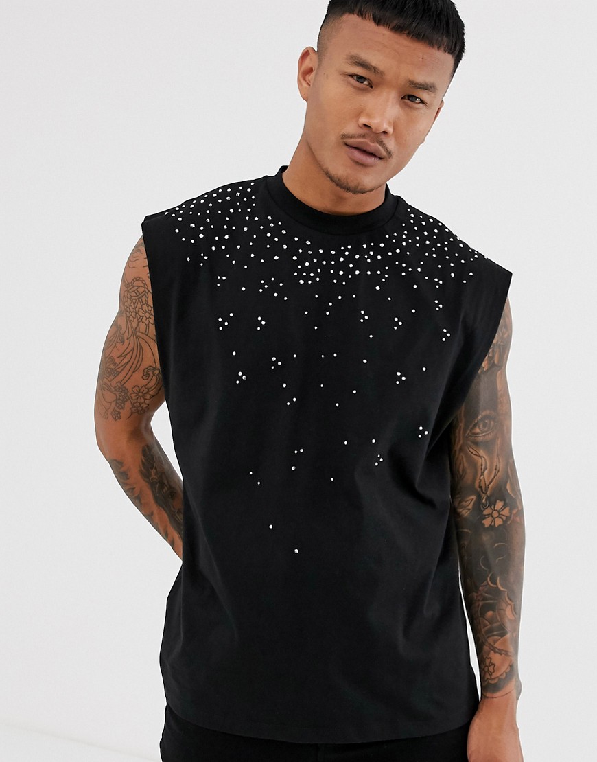 ASOS DESIGN oversized sleeveless t-shirt with embellished gems in black