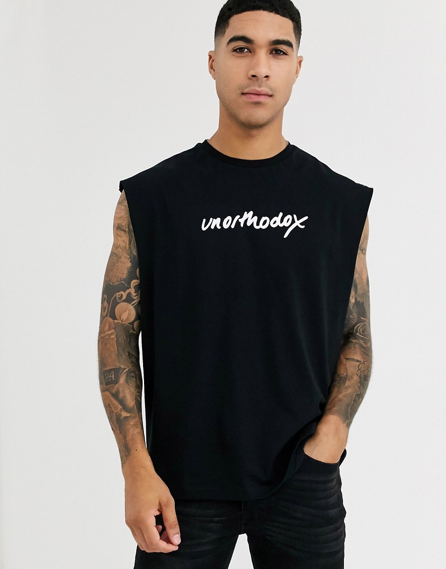 ASOS DESIGN oversized sleeveless t-shirt with unorthodox chest print-Black