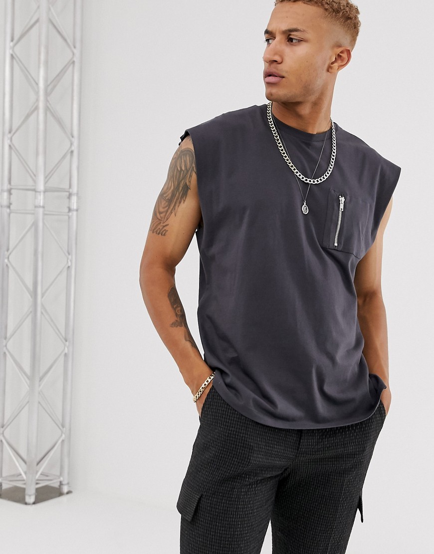 ASOS DESIGN oversized sleeveless t-shirt with utility pocket in washed black-Grey
