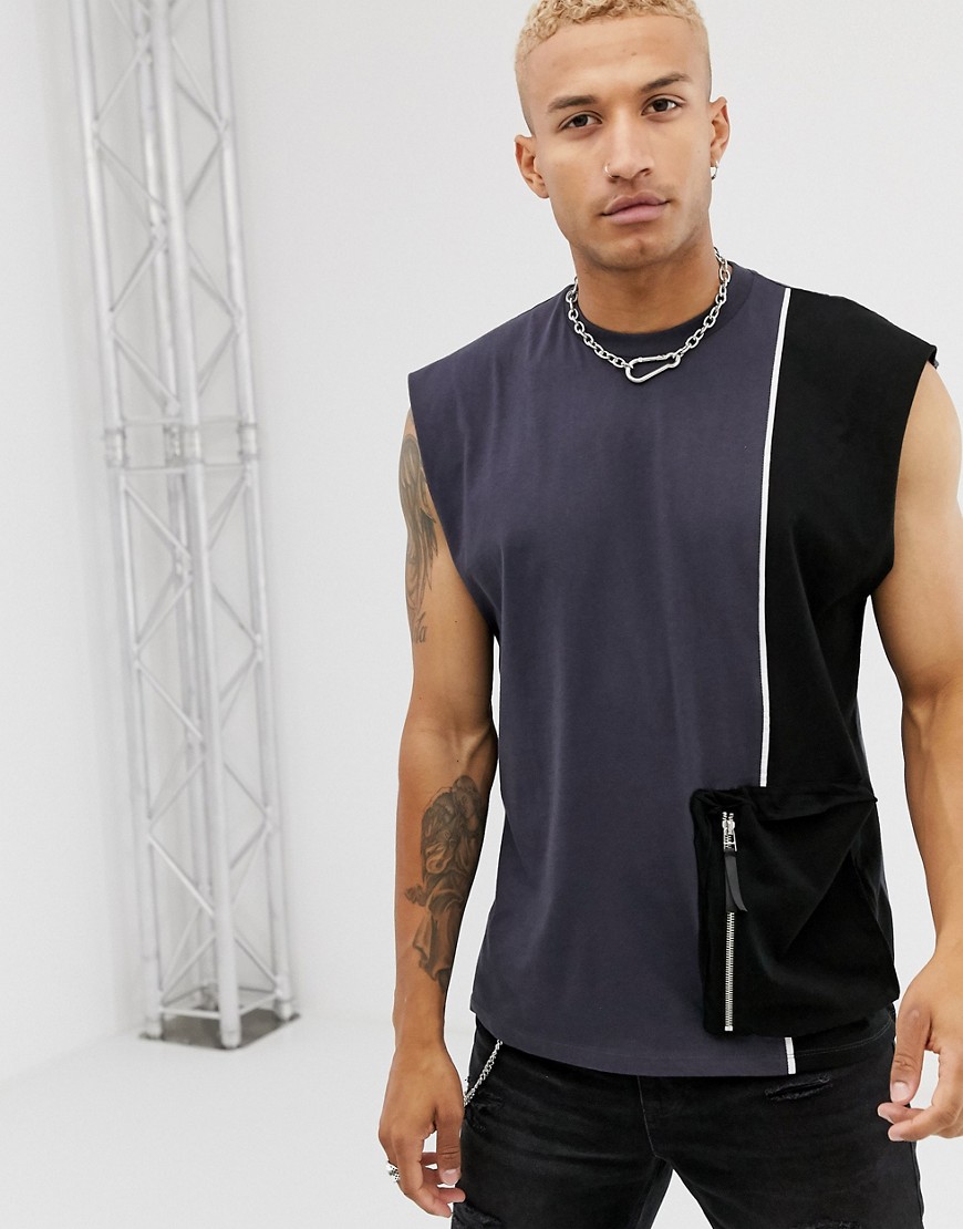 ASOS DESIGN oversized sleeveless t-shirt with utlity pocket and piping in washed black-Grey
