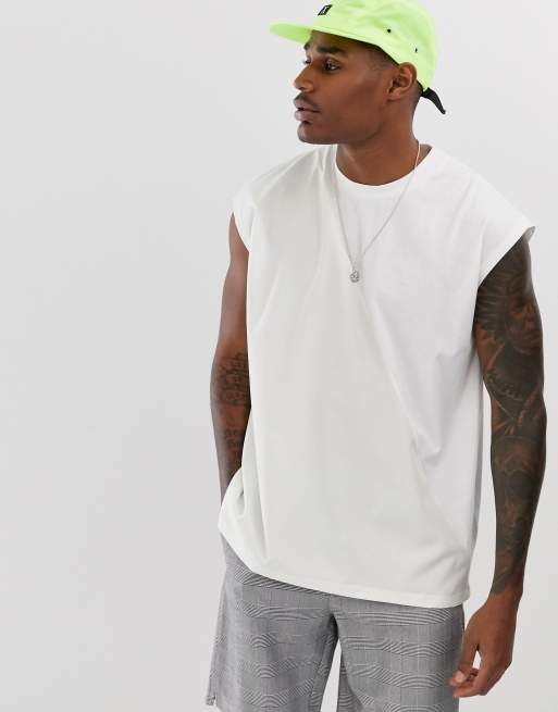 Asos Design Oversized Sleeveless T Shirt With Woven Panel In White Asos