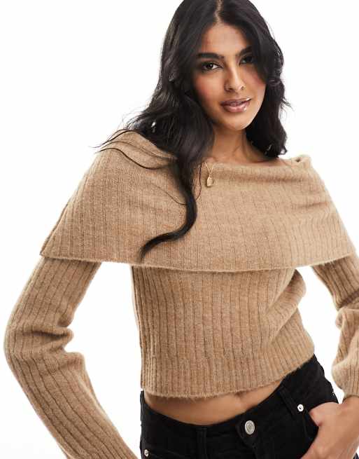 ASOS DESIGN oversized slouch off shoulder jumper in camel