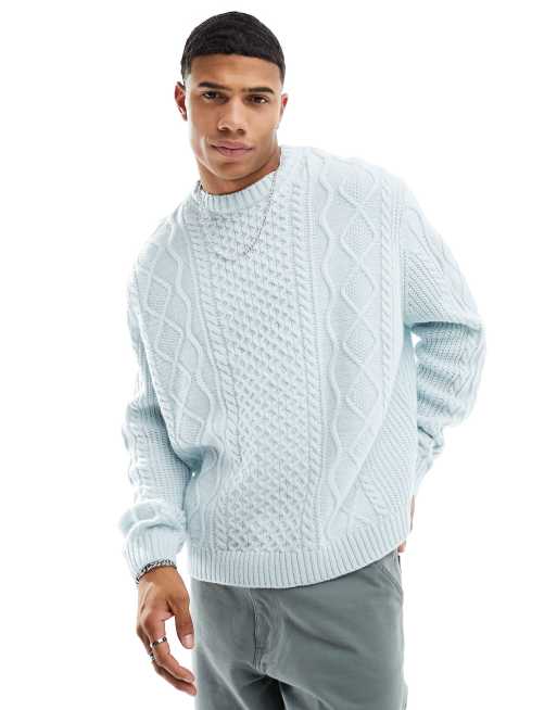 ASOS DESIGN oversized fisherman rib roll neck sweater in pale blue