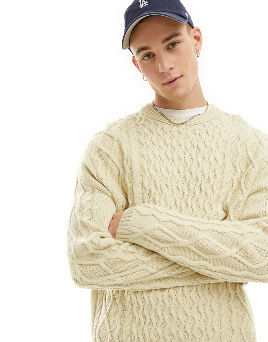 ASOS DESIGN oversized slouchy cable knit jumper in cream-White