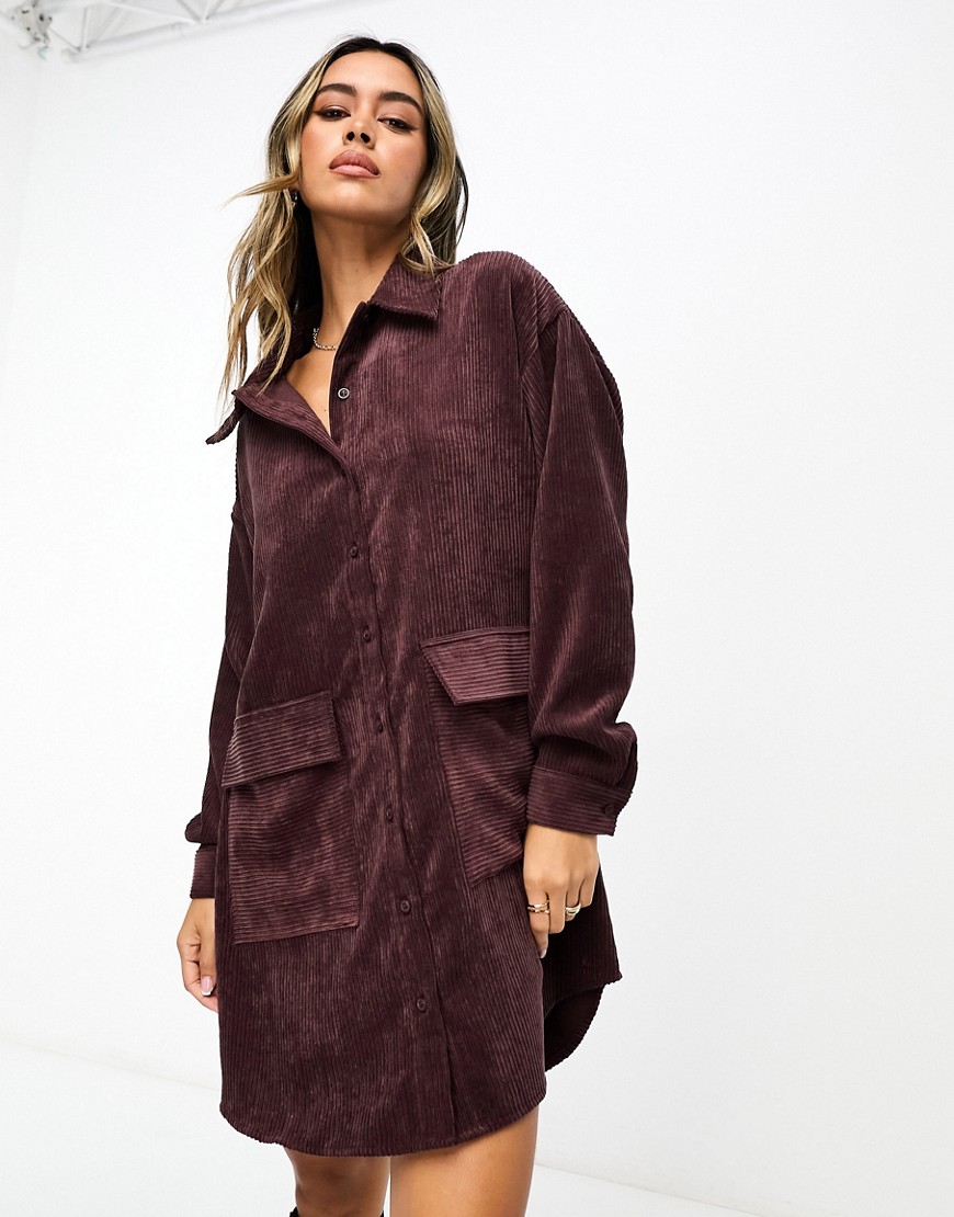 ASOS DESIGN oversized slouchy cord mini shirt dress with pocket detail in chocolate-Brown