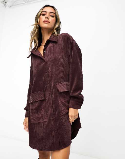 ASOS DESIGN oversized slouchy cord mini shirt dress with pocket detail ...