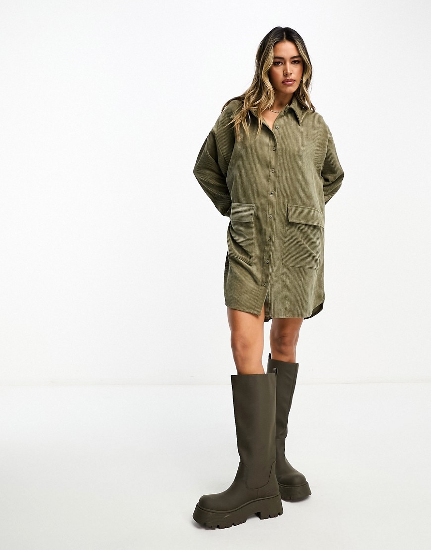 ASOS DESIGN oversized slouchy cord mini shirt dress with pocket detail in olive-Green