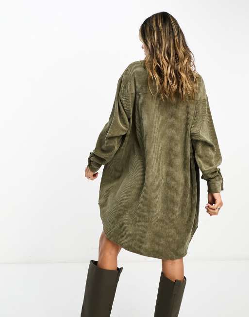oversized corduroy shirt dress ASOS DESIGN oversized slouchy cord mini shirt dress with pocket detail in  olive