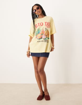 Asos Design Oversized Slubby T-shirt With Rio De Janeiro Fruit Graphic In Yellow