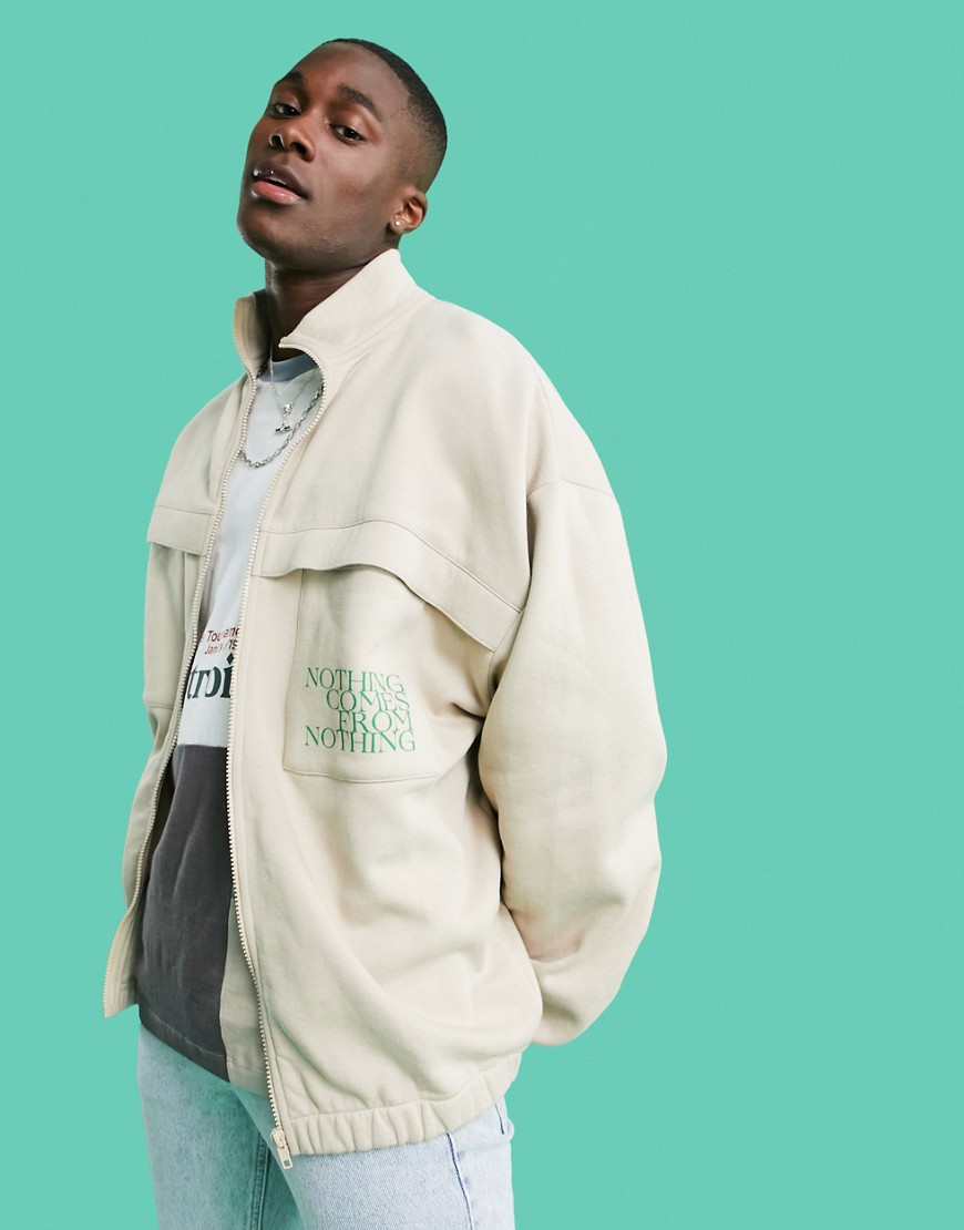 ASOS DESIGN oversized smart jersey jacket in beige with text print-Neutral