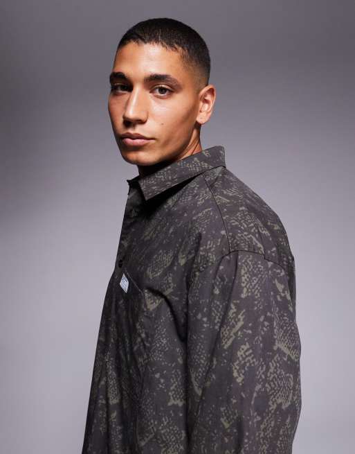 ASOS DESIGN oversized snake print shirt with chest badge in dark green, 4 of 5